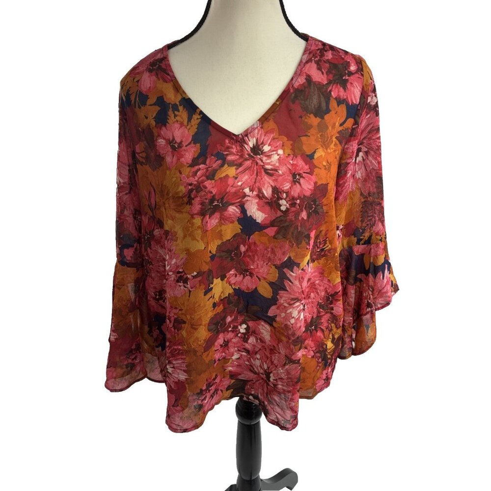Sara Michelle Womens Floral V Neck Blouse Bell Sleeve Top Size M